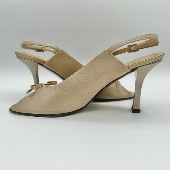 STUART WEITZMAN  GOLD PUMP HEELS OPEN TOE SANDALS SLING BACK ADJUSTABLE STRAP 7M - Picture 6 of 14